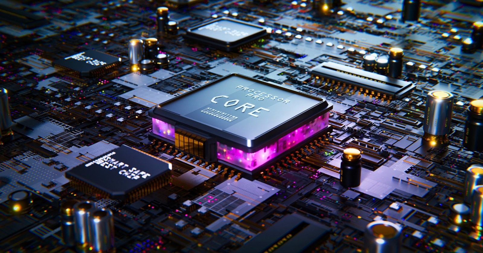 Close-up of a high-performance processor on a motherboard, highlighting the Core processor with neon lights, symbolizing advanced technology for AI and machine learning tasks.